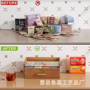 Wooden Tea Bag <b>Storage</b> <b>Box</b> Multi Compartment <b>Drawer</b> Style Desktop Organizer Acacia Wood Rectangular Covered Design - Product Image 1