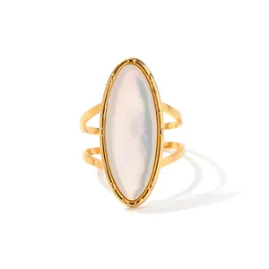 INS Style Waterproof Jewelry 18k Gold Plated Oval Geometry Natural White Shell Open Ring For Women