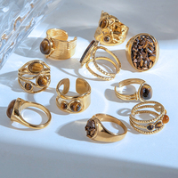 Bague en acier inoxydable 316L et or 18 carats avec œil de tigre, ensemble de bagues signet en pierre naturelle cabochon, bijoux bohèmes pour femmes, vente en gros, personnalisation OEM