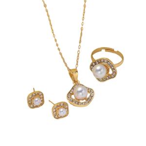 Nouveau Style De Mode Haute Diamant Incrusté Perle Carré Boucles D'oreilles Anneaux Colliers Ensemble 3pcs En Gros - Product Image 6