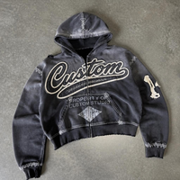 Sweat-shirt vintage personnalisé à capuche zippé, coupe courte, délavé à l'acide, avec patchs et déchirures, vente en gros fabricant