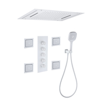 Système de douche encastré moderne en acier inoxydable 4 fonctions avec pommeau de pluie au plafond, 4 jets latéraux et douchette à main murale pour salle de bain
