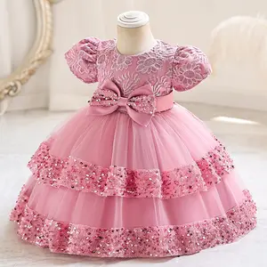 فستان أميرات من الدانتيل الزهري بأكمام 1 للفتيات الصغيرات فساتين قصيرة من الدانتيل والكعك