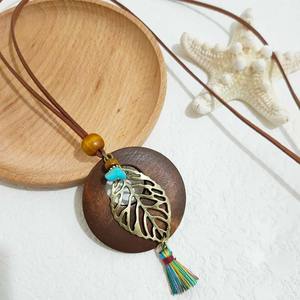 Богемный этнический стиль Большой Круглый Деревянный полый древний медный цвет Осенний лист цветок сова бабочка бирюза длинное ожерелье с кисточками - Product Image 5