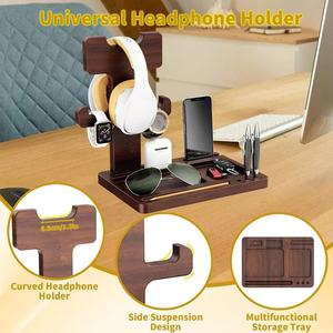 Soporte de madera para auriculares, bandeja de almacenamiento multifuncional para billetera, llave, reloj, organizador de oficina, tipo rectangular - Product Image 3