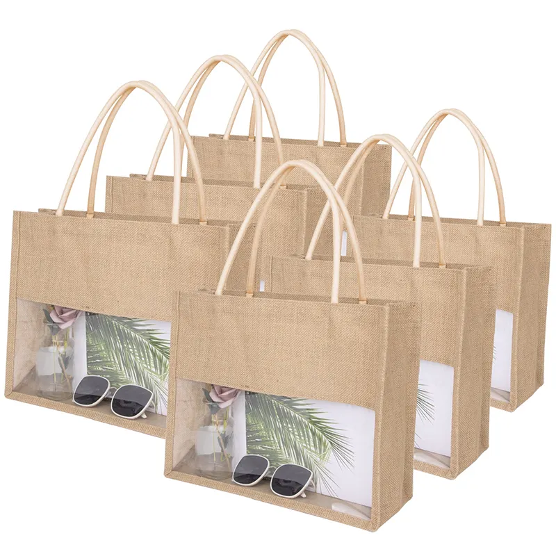 Multipurpose Transparent Clear PVC Women Personalized Handled Jute Beach Tote Bags Reusable Shopping Grocery Bags