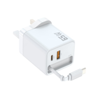 Chargeur mural 65W Chargeur rapide PD Bloc adaptateur avec USB a USB C Double ports Câble rétractable Type-C Chargeurs GAN 65W