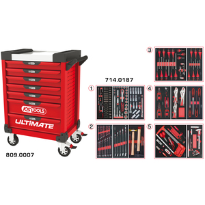 Chariot à outils rouge ULTIMATE à 7 tiroirs avec 187 outils Premium Set pour un usage professionnel - Product Image 1