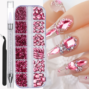 AB màu móng tay Rhinestone 12 lưới flatback hỗn hợp kích thước móng tay pha lê <span class=keywords><strong>t</strong></span>ự làm không hotfix 3D làm móng tay màu đỏ kim cương với pickers + nhíp - Product Image 3