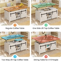 Table basse de style ferme moderne avec porte de grange, en bois bicolore et étagères de rangement dissimulées, grande capacité, pour salon