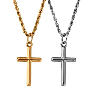 New Arrival Minimalist Cross Necklace 25mm Religious Crucifix Pendants with 3mm Rope Chain 18k Gold Pendant Jesus Cross Necklace