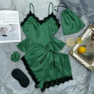 Conjuntos de Pijamas de encaje personalizados para mujer, ropa de dormir Sexy de satén con Top y pantalones cortos, para verano, 2023