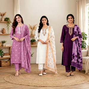 Ensemble 3 pièces pour femme en rayonne slub avec Kurti brodé, pantalon et dupatta imprimé numérique Chanderi - Product Image 1