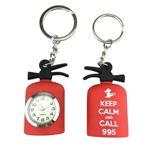 Custom logo PVC rubber 3D fire extinguisher shape clock key holder keychain clock