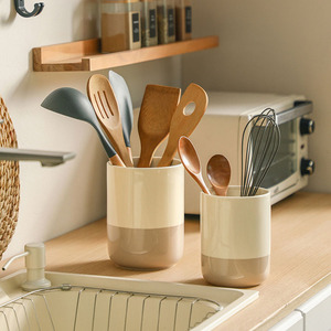 Pot de rangement en céramique bicolore, <span class=keywords><strong>porte</strong></span>-ustensiles minimaliste beige crème, support multi-usages pour brosses à dents, salle de bain, bureau, décoration intérieure - Product Image 3