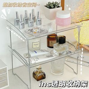 Ins Transparent Storage Rack Double Tier <b>Foldable</b> Plastic <b>Desk</b> Organizer For Cosmetics Cup Stationery Books - Product Image 5