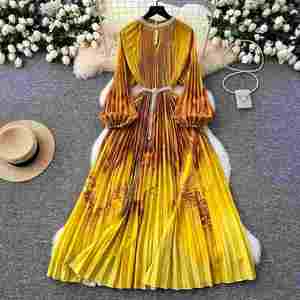 Vestido Maxi Plisado con Cuello Redondo para Mujer, Ecológico, Transpirable, Tejido, Drapeado, con Manga Linterna, Estampado, con Cuentas, Casual, Lavable - Product Image 3