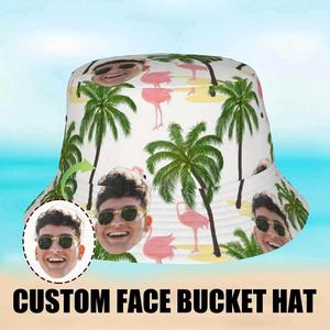 Sombrero de Pescador Hawaiano Personalizado con Diseño Tropical de Flamencos y Palmeras, Ala Ancha, Protección Solar para Playa y Pesca, Estilo de Dibujos Animados - Product Image 2