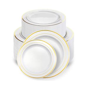 <span class=keywords><strong>Vajilla</strong></span> desechable de lujo de 60 unidades, platos de cena de plástico con bordes dorados y plateados reutilizables para bodas, eventos de catering - Product Image 1