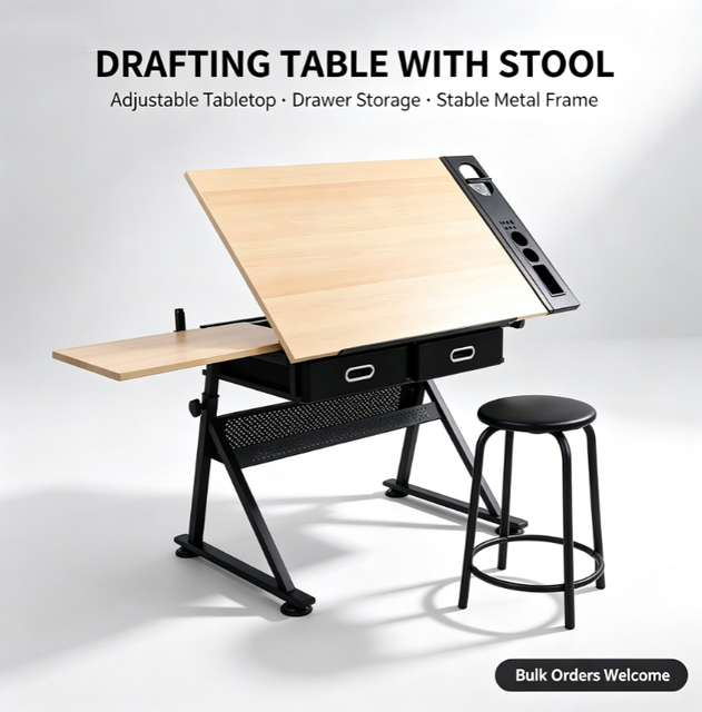 Modern Height Angle Adjustable Steel Frame Student Engineering Drafting Drawing Table and Chair for School with 2 Storage