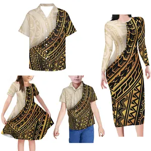 공장 직접 판매 인쇄 폴리네시아 문신 드레스 가족 일치하는 드레스 섹시한 Bodycon 드레스 긴 소매 가족 세트 도매