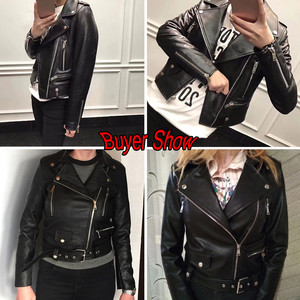 Nouvelle Mode Femmes Automne Hiver Noir Faux Cuir Vestes Zipper Basic Coat col <span class=keywords><strong>en</strong></span> V Biker Jacket R0733 - Product Image 6