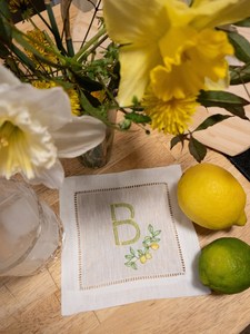 Serviette de cocktail en lin personnalisée brodée de citrons blancs, monogramme, 6"x6" - Product Image 4