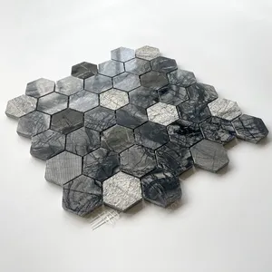 Оптовая продажа, серый, черный, шестигранный, Мраморная мозаичная напольная плитка с узором