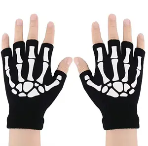 Gants à tricoter chauds pour adultes gant demi-doigt acrylique solide tête de squelette humain pince impression cyclisme gants de poignet antidérapants