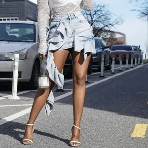 New Hot Trendy Unique Vintage Sexy Women Bodyfit Streetwear Irregular Ruffle Wrap Mini Washed Jeans Denim Skirt Women'S Skirts