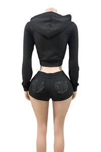 Frühling Herbst Damen-Sets Bedruckte Langarm-Crop-Jacke und Shorts Zweiteiliges Set Lässiges Kapuzen-2-Teiler Damen Jogger-Outfits - Product Image 4