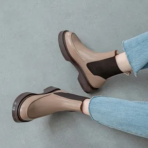 Chaud en <span class=keywords><strong>cuir</strong></span> véritable femmes bottes rétro Style britannique sans lacet <span class=keywords><strong>Chelsea</strong></span> bottes mode <span class=keywords><strong>bottines</strong></span> bout rond plat avec des chaussures pour femmes - Product Image 6