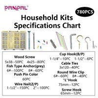 Kit d'assortiment de quincaillerie murale DIY 780 pièces : Vis, chevilles, clous, crochets, attaches, serre-câbles – Ensemble personnalisé avec support