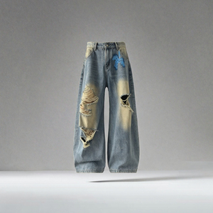 Jean en denim déchiré à jambe large pour homme, taille haute, patchwork, streetwear, coton mi-lourd, coupe ample, printemps - Product Image 3