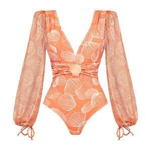 Traje de baño de una pieza con estampado de conchas marinas para mujer, cuello en V profundo, manga larga abullonada de malla, control de abdomen, monokini, traje de baño de playa al por mayor - Product Image 6