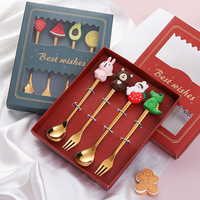 Ensemble de 6 cuillères et fourchettes en acier inoxydable avec poignée d'animaux mignons, cuillère à dessert dorée, fourchette à fruits, boîte cadeau pour enfants, fête de naissance