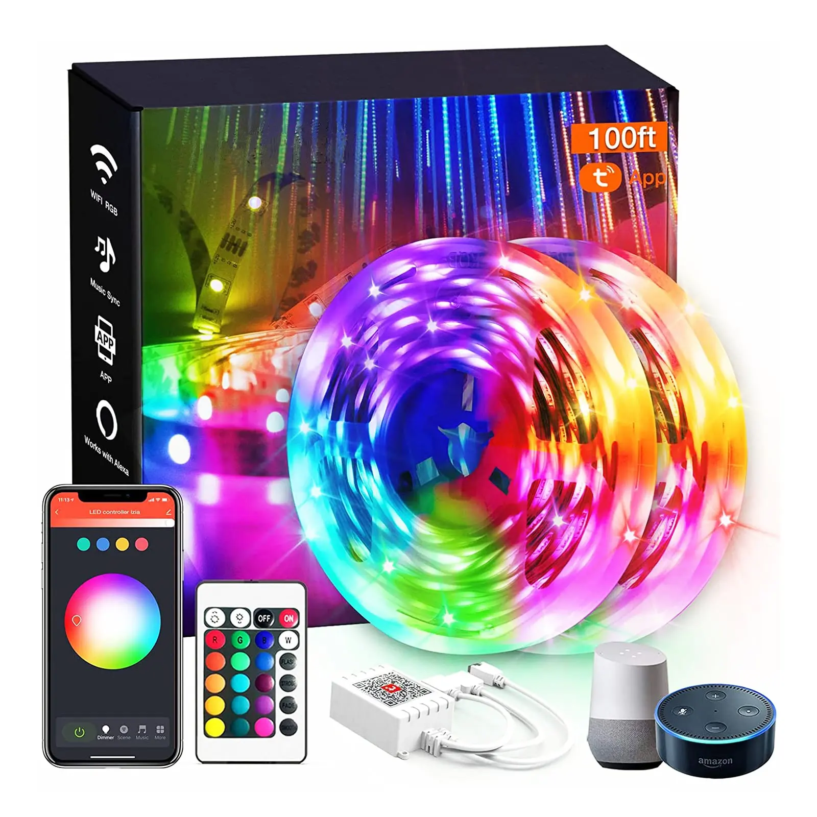 Factory Wholesale Alexa Google Voice Activated 100ft 30M 5050 RGB 12V WIFI LED Strip