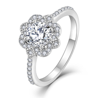 Bague de fiançailles Halo fleurie en argent sterling 925 avec pierres pavées latérales, alliance de mariage à coupe ronde, bague de promesse pour femme
