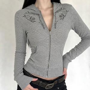 Women Floral Embroidery <b>Zip</b> Up Hoodie Slim Fit Grey Sweatshirt Jacket Casual Streetwear Long Sleeve Outerwear - Product Image 2