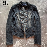 Veste Bomber en Jean Délavé Style Napoléon LARSUR, Coupe Slim, Col Montant, pour Moto, Veste Hussar en Jean Court