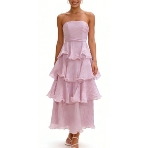 เดรสยาวทรงเค้กแบบไม่มีสายรัดไหล่สำหรับผู้หญิง แต่งระบายเป็นชั้นๆ สไตล์เซ็กซี่ - ชุดเดรสลำลองสำหรับฤดูร้อน แฟชั่นทันสมัย - Product Image 1