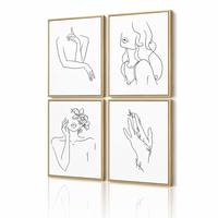 Lot de 4 tableaux décoratifs encadrés dorés sur toile, motif 'Self Love' : visage féminin, fleur, main, vigne. Impression luxueuse et féminine pour chambre et SPA.