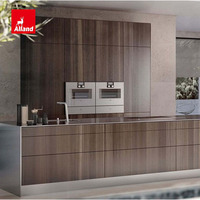 Meubles de cuisine de luxe en acier inoxydable pour îlot central, couleur café, placage chêne, sans poignées, pour le marché américain