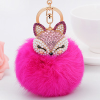 Porte-clés Tête de Renard en Strass avec Pompon en Fourrure de Lapin Moelleuse, Breloque de Sac en Alliage de Zinc, Pendentif pour Clé de Voiture, Accessoires en Gros