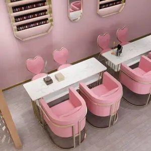 북유럽 대리석 핑크 네일 테크 테이블 이중 서랍 진공 및 의자가있는 매니큐어 테이블 네일 테이블 세트 미용실