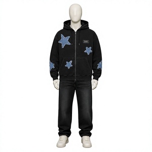 High Street Vintage Acid Wash Zip Up Hoodie Oversized Distressed Denim Star Patchwork Y2K Streetwear <b>Men</b> Hooded <b>Sweatshirt</b> - Product Image 1