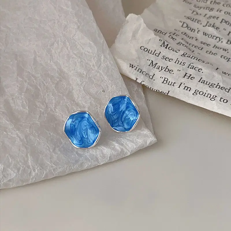 Anting-anting kancing Enamel biru Neon perak murni 925 anting-anting geometris lapisan gantung biru perak perhiasan buatan tangan