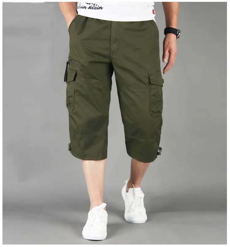 Male Shorts Multi Pocket Summer Loose Zipper Breeches Khaki Grey Plus Size Short Pant Casual Cotton Black Long Mens Cargo Shorts