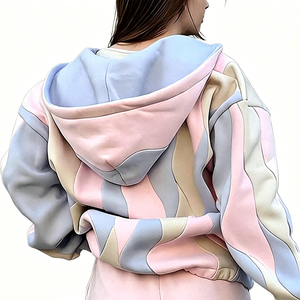 Sudadera con capucha de forro polar grueso para mujer, con logo personalizado, bloques de color, estilo oversize, con cremallera y diseño patchwork, de fabricante de ropa. - Product Image 4