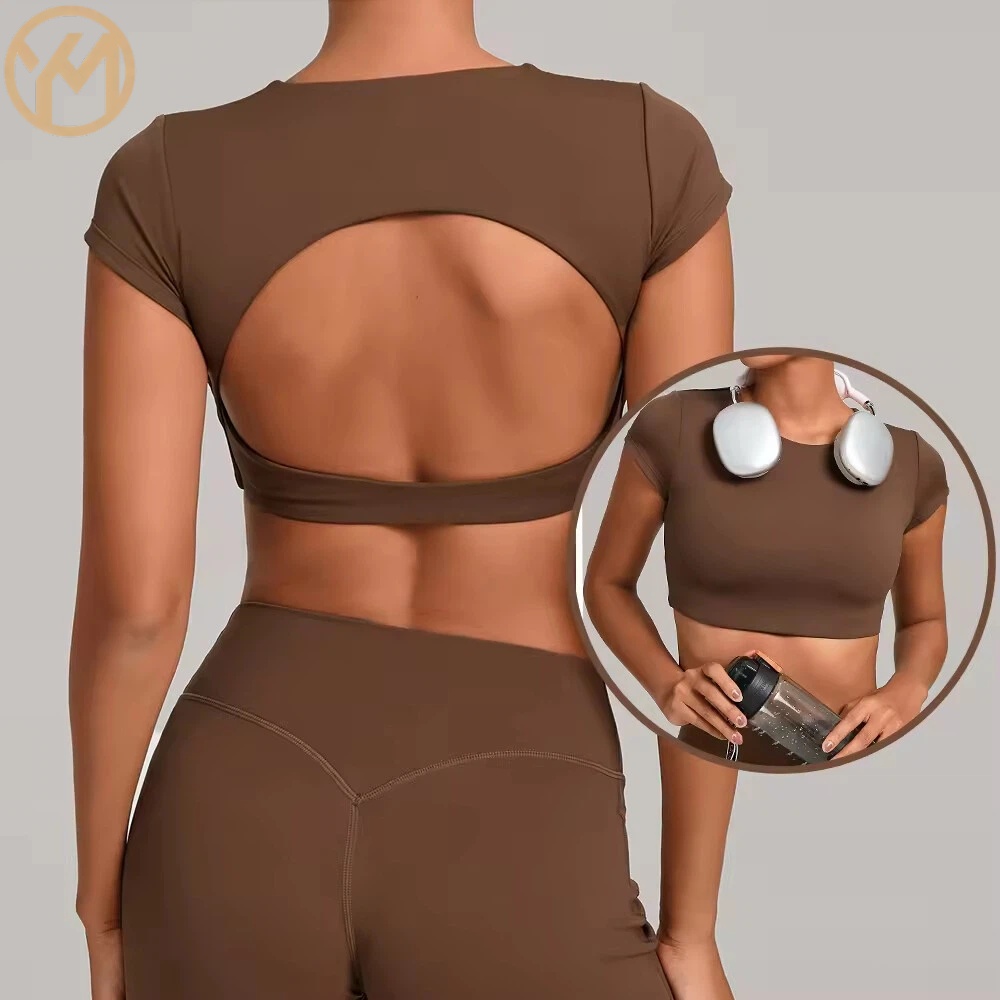 Yimo Women Round Neck Short Sleeves Solid Color Workout Shirt Female Beauty Back Yoga Top Lady Lightweight Slim Running T-shirt